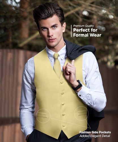 Vittorio Farina Men's Satin Vest, Necktie, Bow Tie and Pocket Square Set (White Back) - Beige - Vest Set - Vittorio Farina