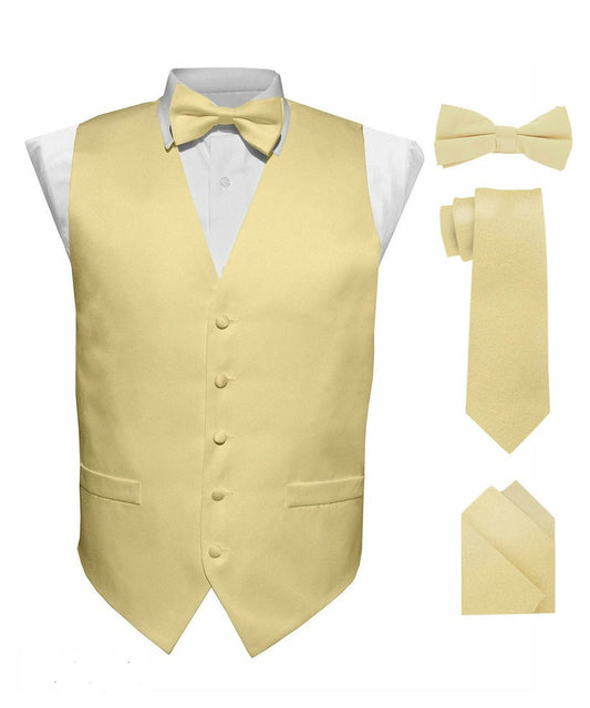 Vittorio Farina Men's Satin Vest, Necktie, Bow Tie and Pocket Square Set (White Back) - Beige - Vest Set - Vittorio Farina