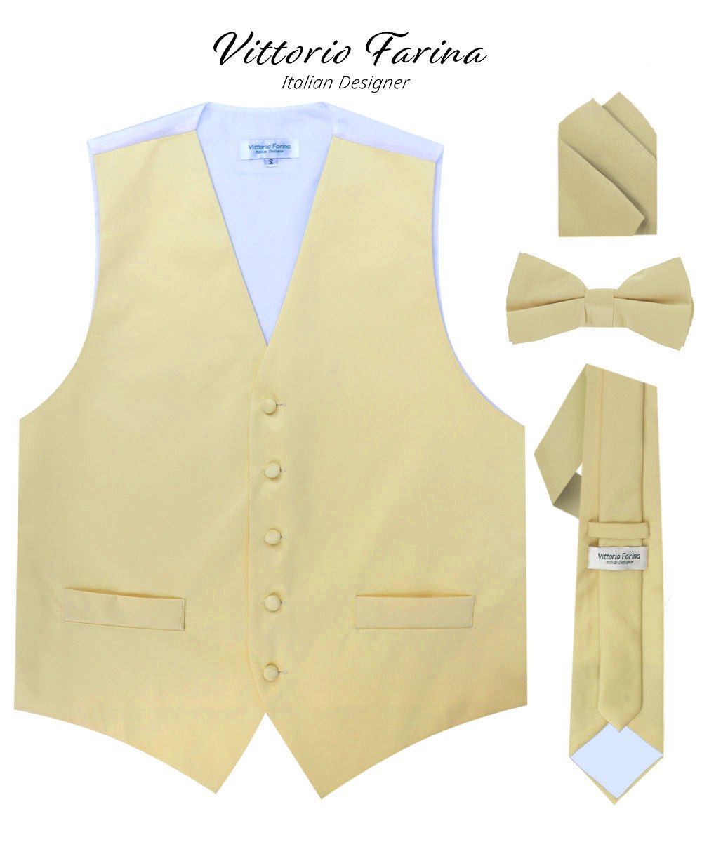 Vittorio Farina Men's Satin Vest, Necktie, Bow Tie and Pocket Square Set (White Back) - Beige - Vest Set - Vittorio Farina