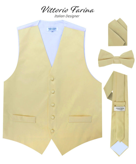 Vittorio Farina Men's Satin Vest, Necktie, Bow Tie and Pocket Square Set (White Back) - Beige - Vest Set - Vittorio Farina