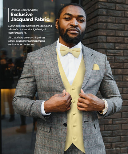 Vittorio Farina Men's Satin Vest, Necktie, Bow Tie and Pocket Square Set (White Back) - Beige - Vest Set - Vittorio Farina