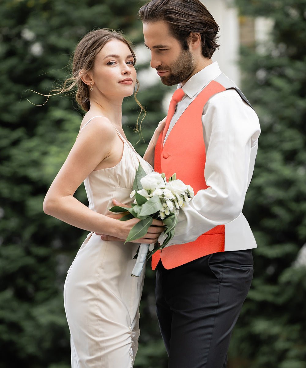 Vittorio Farina Men's Satin Vest, Necktie, Bow Tie and Pocket Square Set (White Back) - Coral - Vest Set - Vittorio Farina