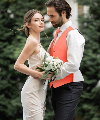 Vittorio Farina Men's Satin Vest, Necktie, Bow Tie and Pocket Square Set (White Back) - Coral - Vest Set - Vittorio Farina