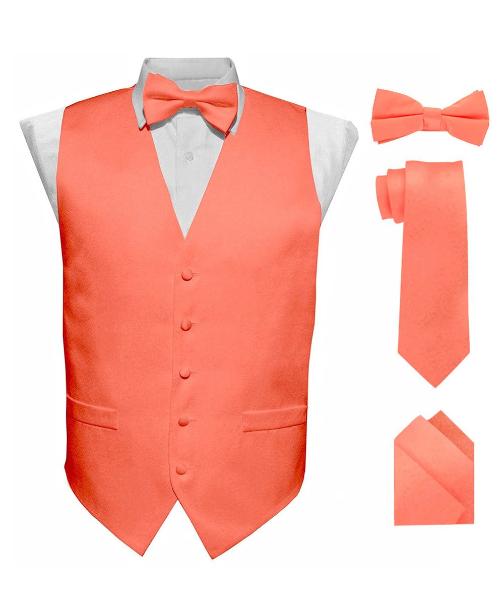 Vittorio Farina Men's Satin Vest, Necktie, Bow Tie and Pocket Square Set (White Back) - Coral - Vest Set - Vittorio Farina