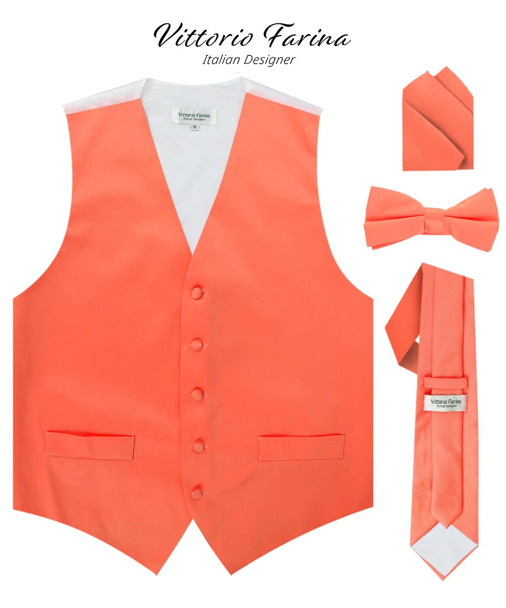 Vittorio Farina Men's Satin Vest, Necktie, Bow Tie and Pocket Square Set (White Back) - Coral - Vest Set - Vittorio Farina