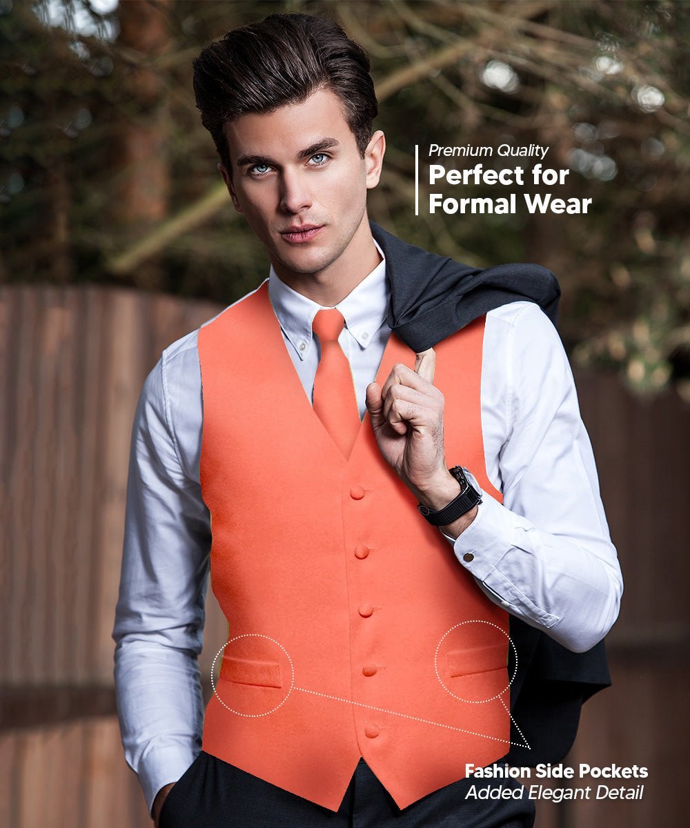 Vittorio Farina Men's Satin Vest, Necktie, Bow Tie and Pocket Square Set (White Back) - Coral - Vest Set - Vittorio Farina