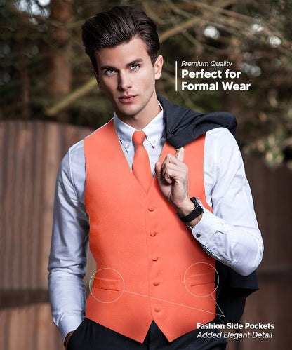 Vittorio Farina Men's Satin Vest, Necktie, Bow Tie and Pocket Square Set (White Back) - Coral - Vest Set - Vittorio Farina