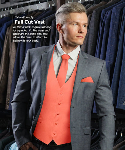 Vittorio Farina Men's Satin Vest, Necktie, Bow Tie and Pocket Square Set (White Back) - Coral - Vest Set - Vittorio Farina