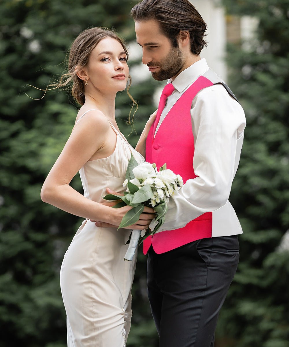 Vittorio Farina Men's Satin Vest, Necktie, Bow Tie and Pocket Square Set (White Back) - Hot Pink - Vest Set - Vittorio Farina