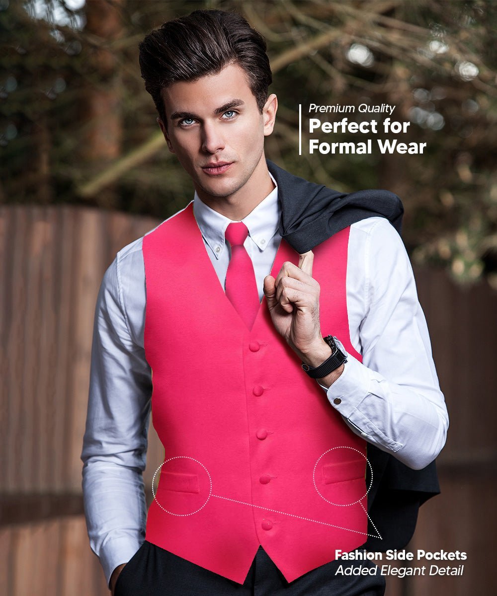 Vittorio Farina Men's Satin Vest, Necktie, Bow Tie and Pocket Square Set (White Back) - Hot Pink - Vest Set - Vittorio Farina