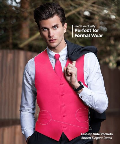 Vittorio Farina Men's Satin Vest, Necktie, Bow Tie and Pocket Square Set (White Back) - Hot Pink - Vest Set - Vittorio Farina
