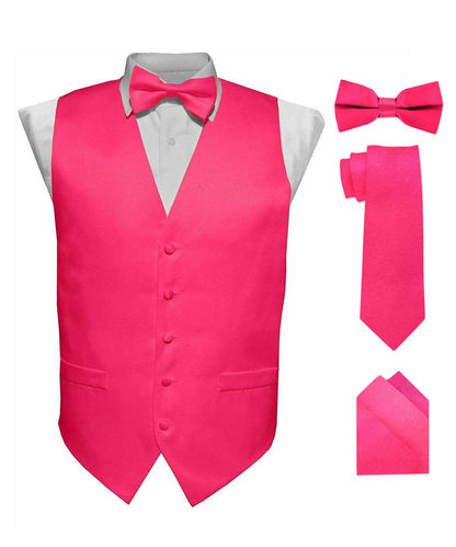 Vittorio Farina Men's Satin Vest, Necktie, Bow Tie and Pocket Square Set (White Back) - Hot Pink - Vest Set - Vittorio Farina