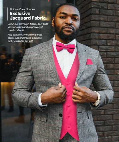 Vittorio Farina Men's Satin Vest, Necktie, Bow Tie and Pocket Square Set (White Back) - Hot Pink - Vest Set - Vittorio Farina