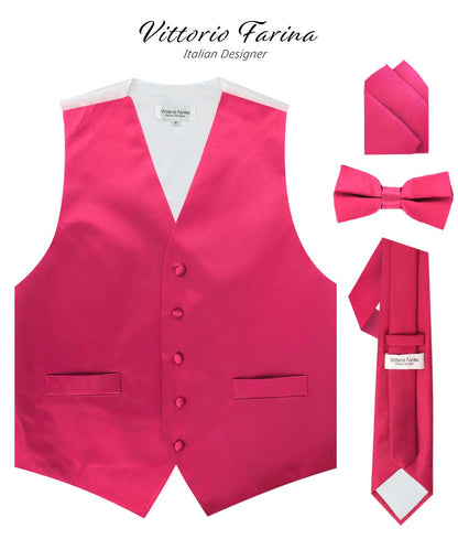 Vittorio Farina Men's Satin Vest, Necktie, Bow Tie and Pocket Square Set (White Back) - Hot Pink - Vest Set - Vittorio Farina