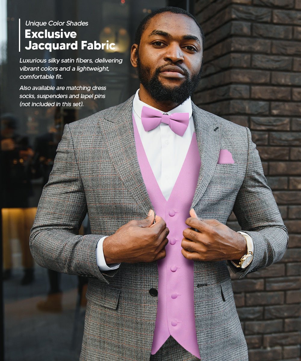 Vittorio Farina Men's Satin Vest, Necktie, Bow Tie and Pocket Square Set (White Back) - Lavender - Vest Set - Vittorio Farina