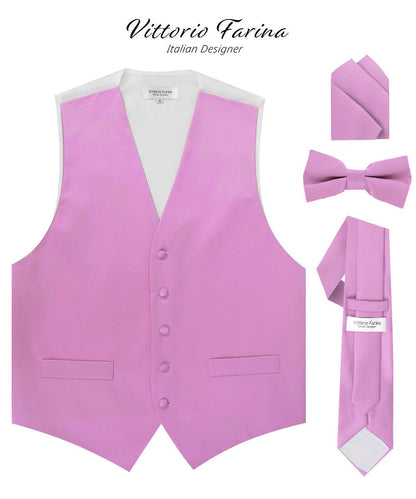 Vittorio Farina Men's Satin Vest, Necktie, Bow Tie and Pocket Square Set (White Back) - Lavender - Vest Set - Vittorio Farina