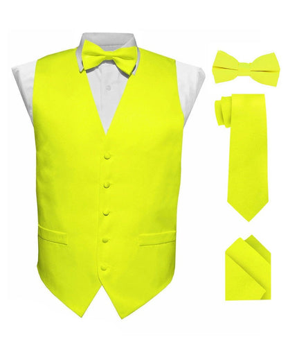Vittorio Farina Men's Satin Vest, Necktie, Bow Tie and Pocket Square Set (White Back) - Lemon - Vest Set - Vittorio Farina