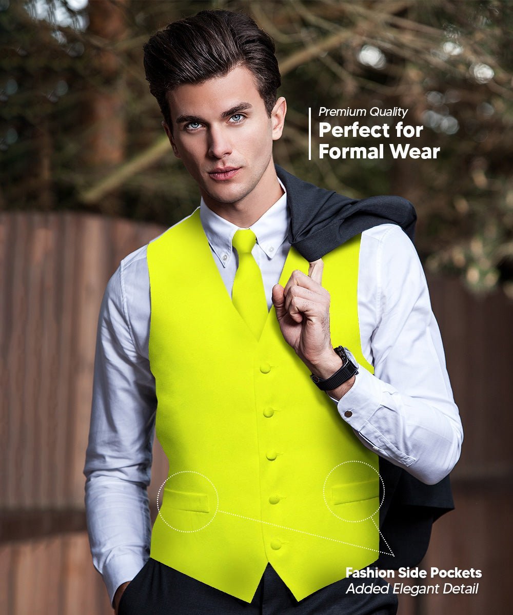 Vittorio Farina Men's Satin Vest, Necktie, Bow Tie and Pocket Square Set (White Back) - Lemon - Vest Set - Vittorio Farina