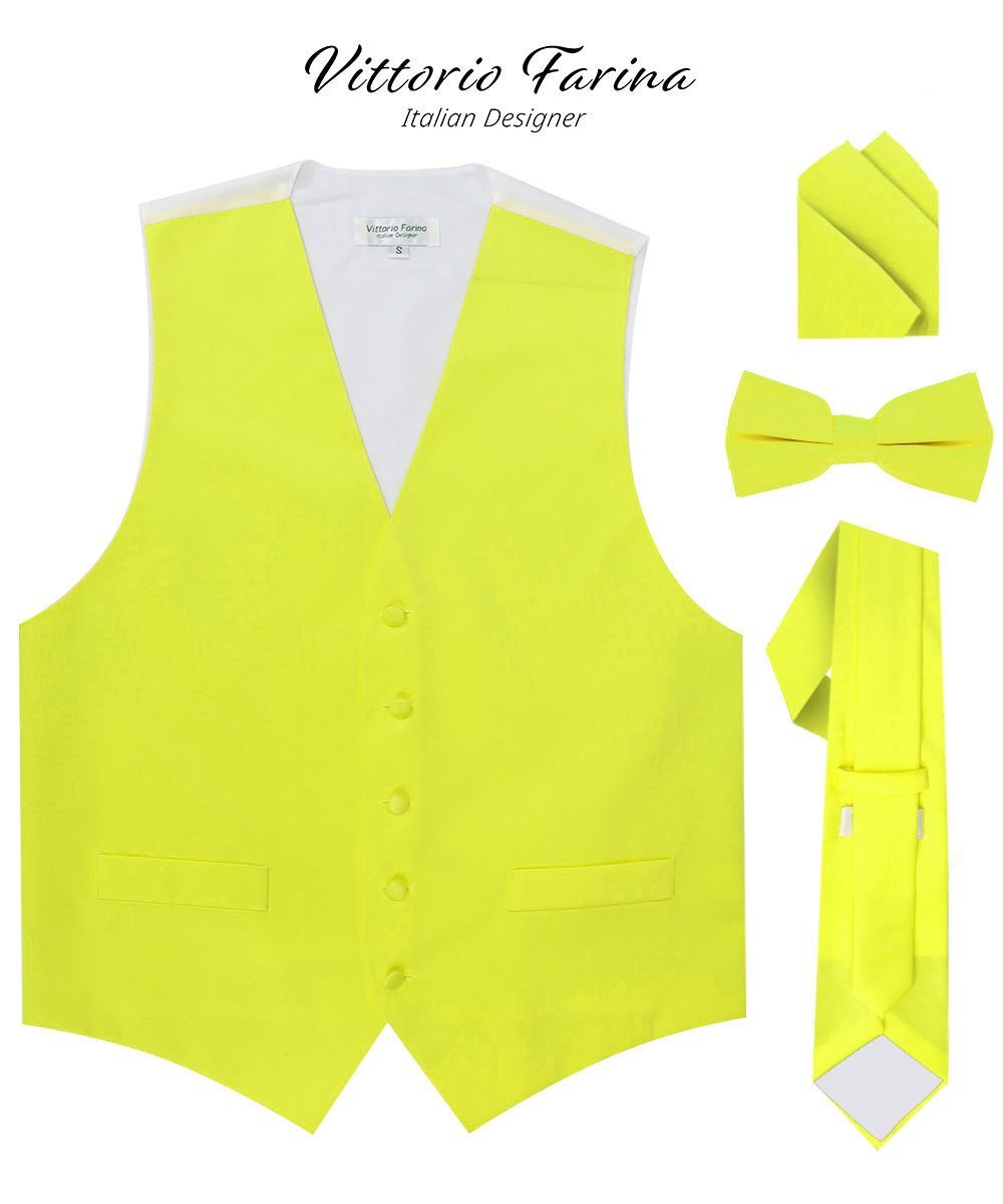 Vittorio Farina Men's Satin Vest, Necktie, Bow Tie and Pocket Square Set (White Back) - Lemon - Vest Set - Vittorio Farina