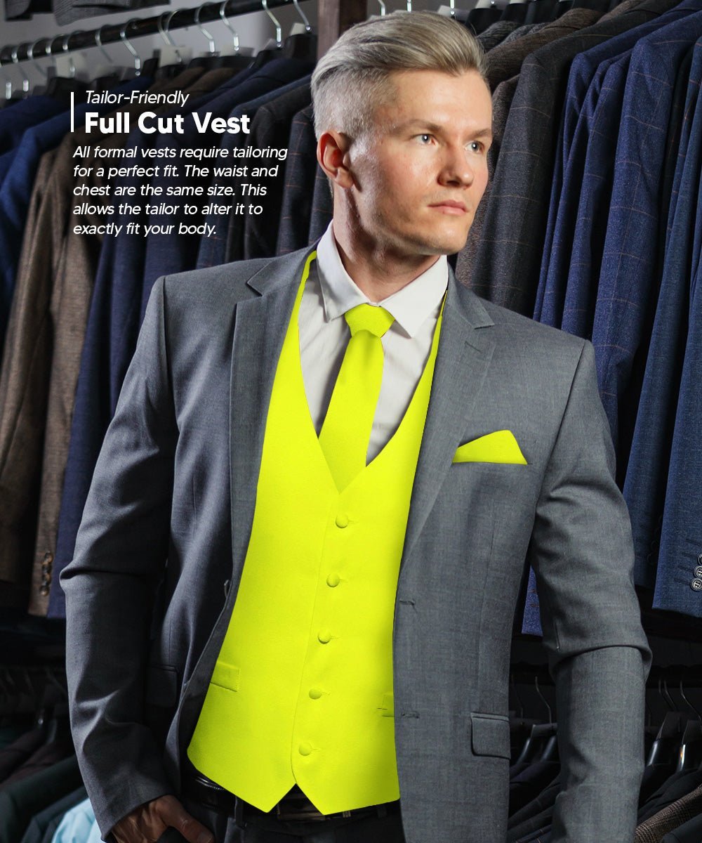 Vittorio Farina Men's Satin Vest, Necktie, Bow Tie and Pocket Square Set (White Back) - Lemon - Vest Set - Vittorio Farina