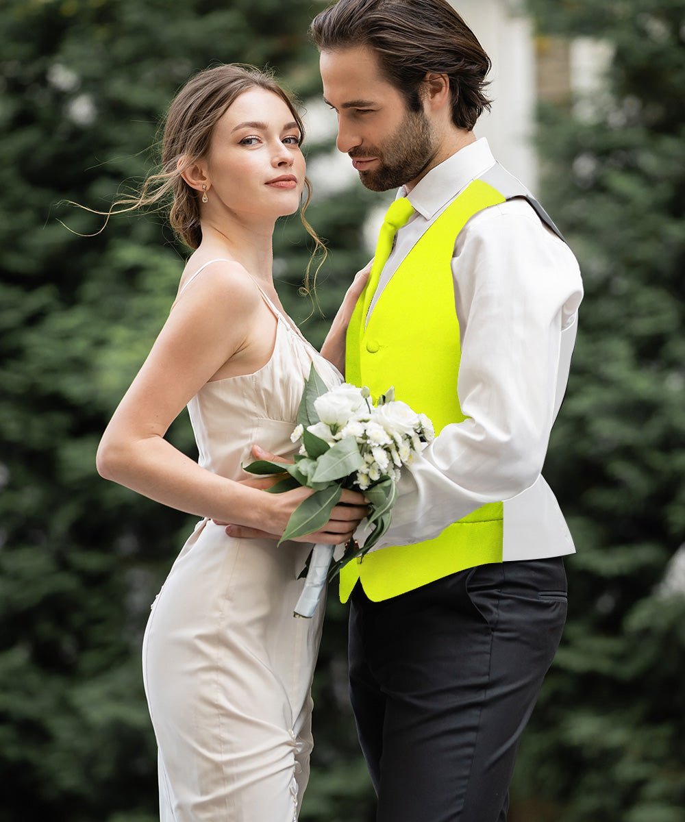 Vittorio Farina Men's Satin Vest, Necktie, Bow Tie and Pocket Square Set (White Back) - Lemon - Vest Set - Vittorio Farina