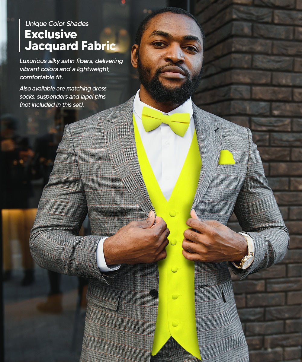 Vittorio Farina Men's Satin Vest, Necktie, Bow Tie and Pocket Square Set (White Back) - Lemon - Vest Set - Vittorio Farina