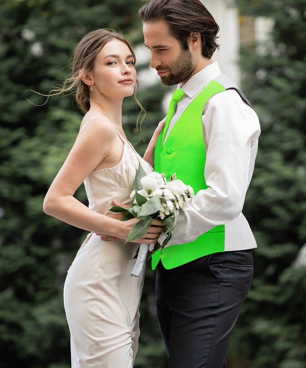 Vittorio Farina Men's Satin Vest, Necktie, Bow Tie and Pocket Square Set (White Back) - Lime Green - Vest Set - Vittorio Farina