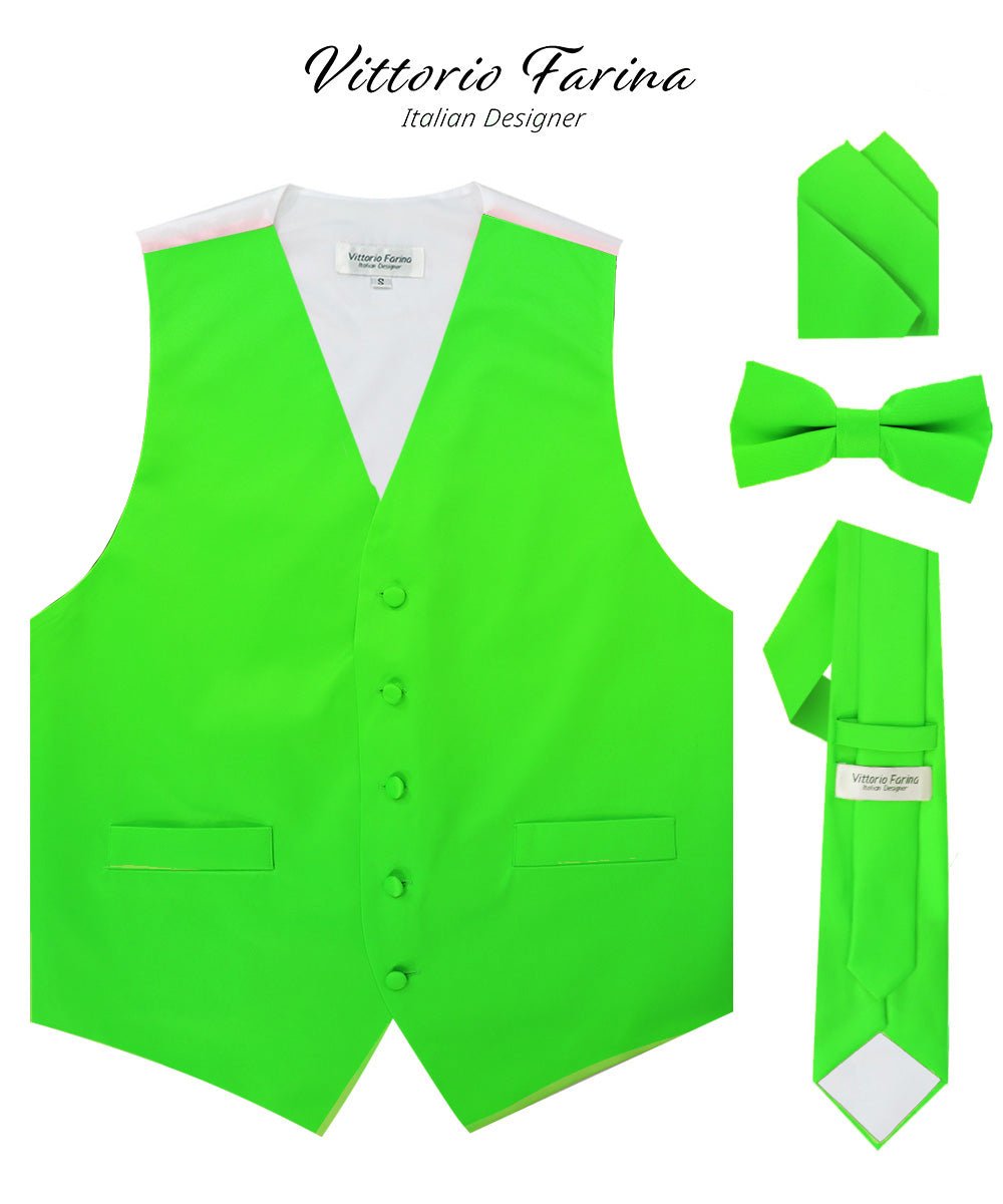 Vittorio Farina Men's Satin Vest, Necktie, Bow Tie and Pocket Square Set (White Back) - Lime Green - Vest Set - Vittorio Farina