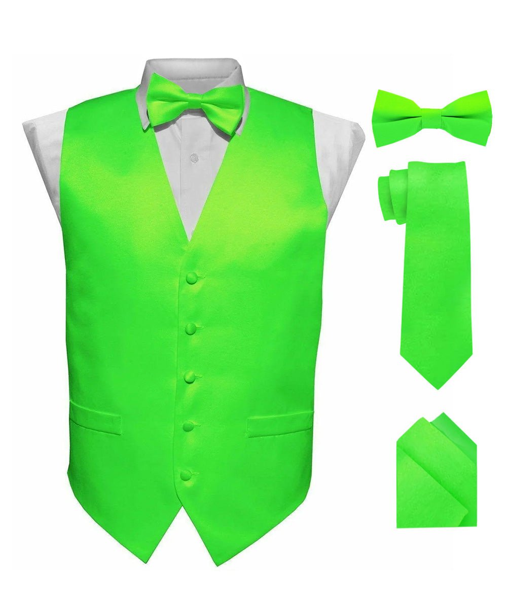 Vittorio Farina Men's Satin Vest, Necktie, Bow Tie and Pocket Square Set (White Back) - Lime Green - Vest Set - Vittorio Farina