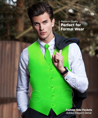 Vittorio Farina Men's Satin Vest, Necktie, Bow Tie and Pocket Square Set (White Back) - Lime Green - Vest Set - Vittorio Farina