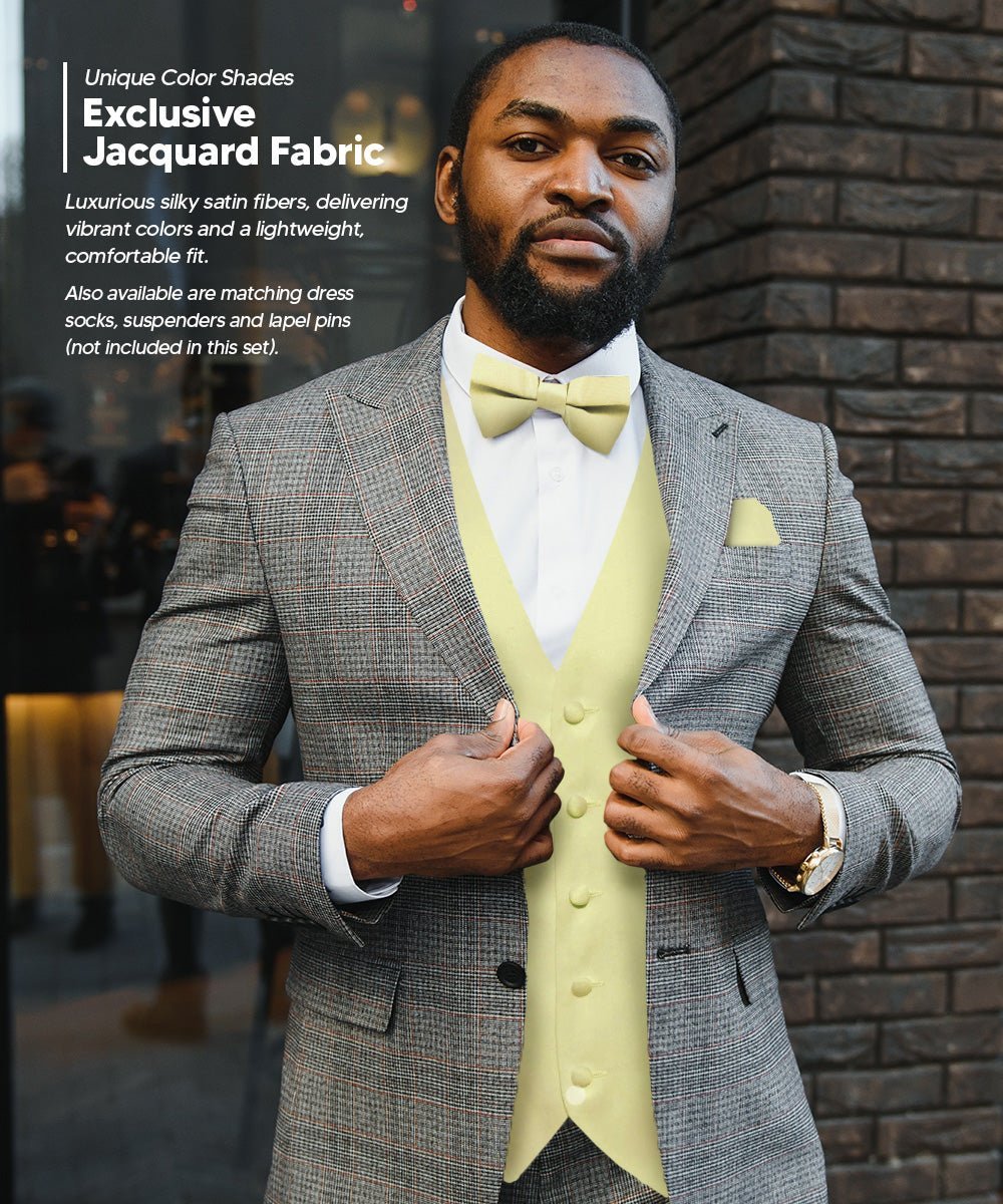 Vittorio Farina Men's Satin Vest, Necktie, Bow Tie and Pocket Square Set (White Back) - Maize - Vest Set - Vittorio Farina