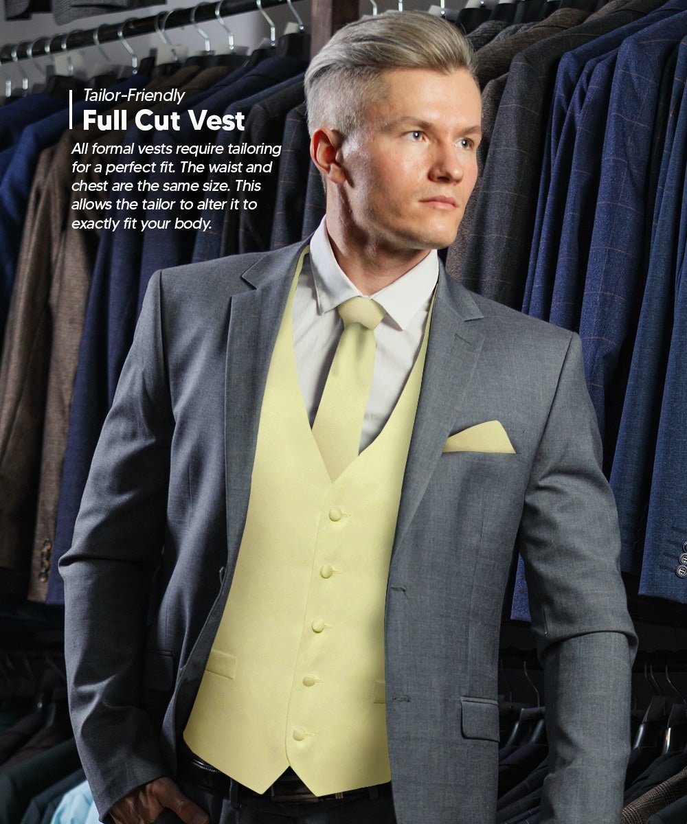 Vittorio Farina Men's Satin Vest, Necktie, Bow Tie and Pocket Square Set (White Back) - Maize - Vest Set - Vittorio Farina