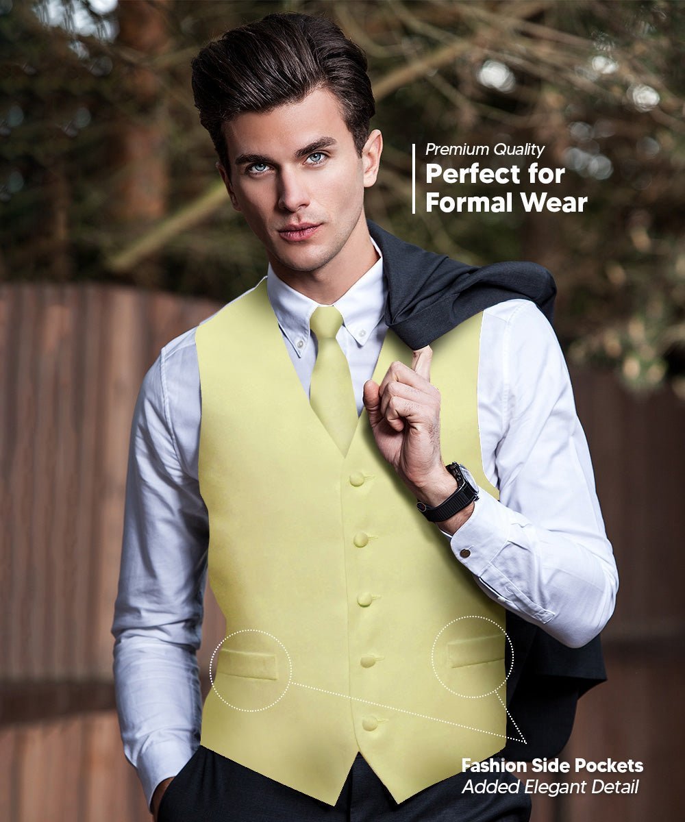 Vittorio Farina Men's Satin Vest, Necktie, Bow Tie and Pocket Square Set (White Back) - Maize - Vest Set - Vittorio Farina