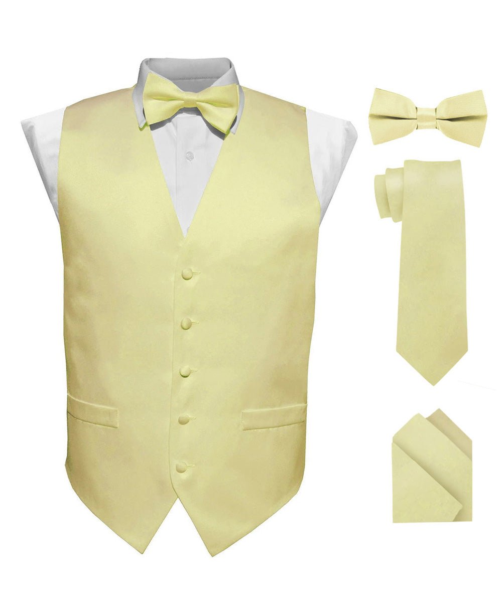 Vittorio Farina Men's Satin Vest, Necktie, Bow Tie and Pocket Square Set (White Back) - Maize - Vest Set - Vittorio Farina