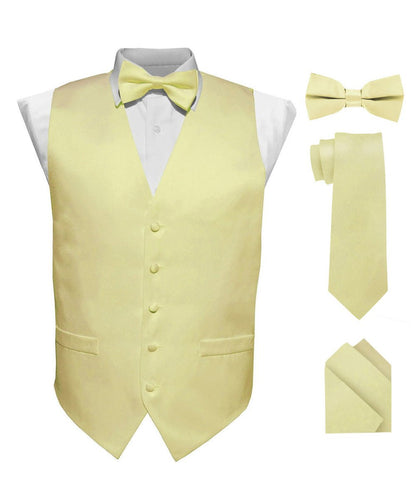 Vittorio Farina Men's Satin Vest, Necktie, Bow Tie and Pocket Square Set (White Back) - Maize - Vest Set - Vittorio Farina