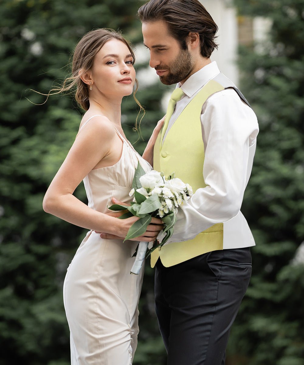 Vittorio Farina Men's Satin Vest, Necktie, Bow Tie and Pocket Square Set (White Back) - Maize - Vest Set - Vittorio Farina