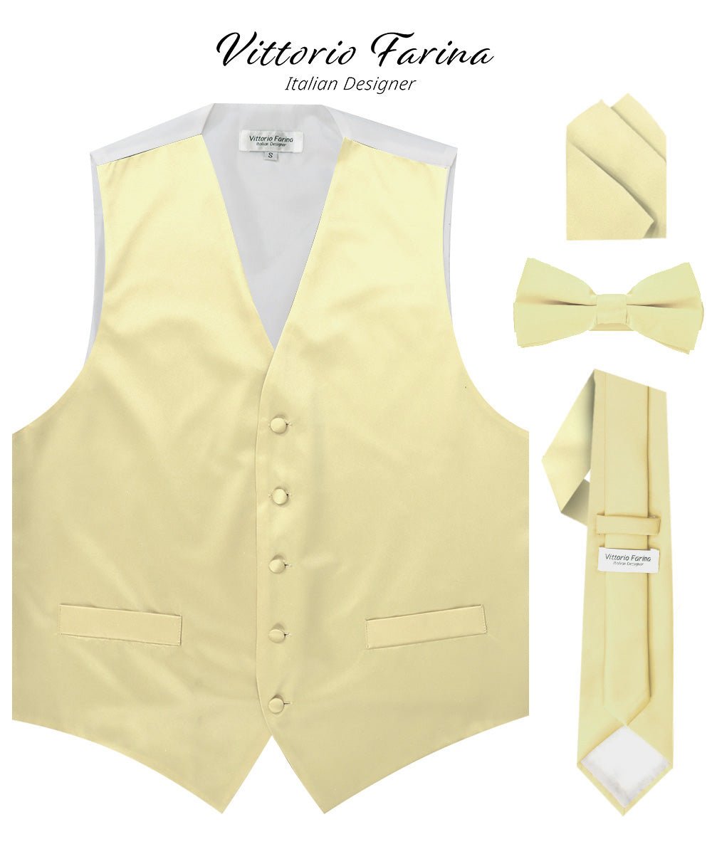 Vittorio Farina Men's Satin Vest, Necktie, Bow Tie and Pocket Square Set (White Back) - Maize - Vest Set - Vittorio Farina