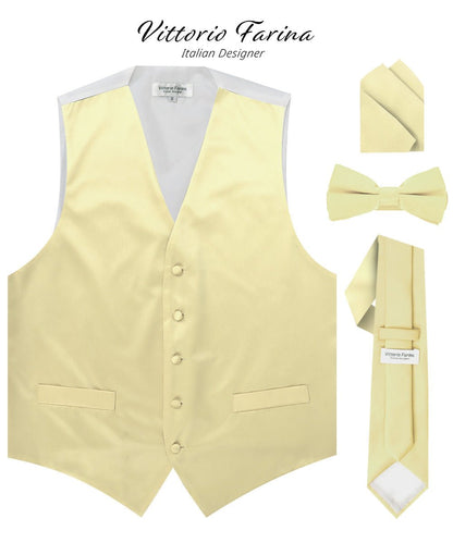 Vittorio Farina Men's Satin Vest, Necktie, Bow Tie and Pocket Square Set (White Back) - Maize - Vest Set - Vittorio Farina