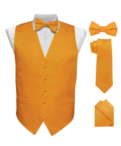 Vittorio Farina Men's Satin Vest, Necktie, Bow Tie and Pocket Square Set (White Back) - Mustard Yellow - Vest Set - Vittorio Farina