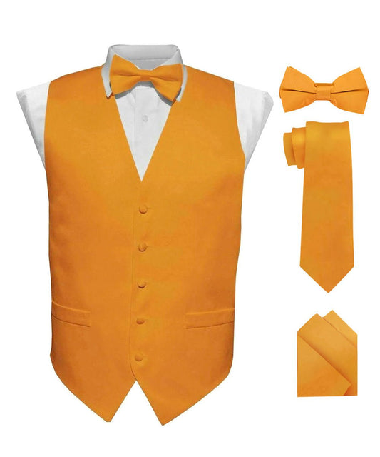 Vittorio Farina Men's Satin Vest, Necktie, Bow Tie and Pocket Square Set (White Back) - Mustard Yellow - Vest Set - Vittorio Farina