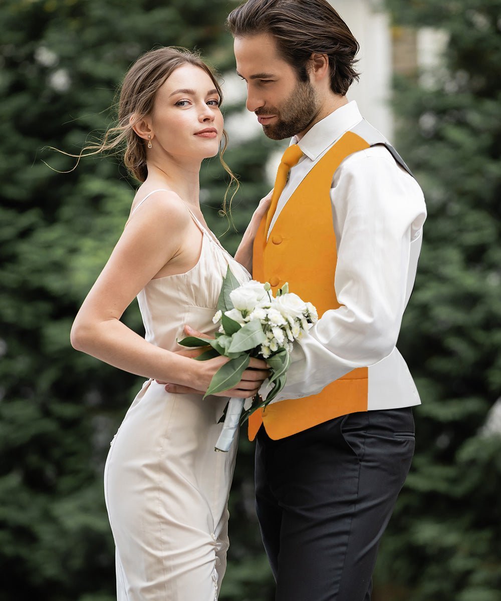 Vittorio Farina Men's Satin Vest, Necktie, Bow Tie and Pocket Square Set (White Back) - Mustard Yellow - Vest Set - Vittorio Farina