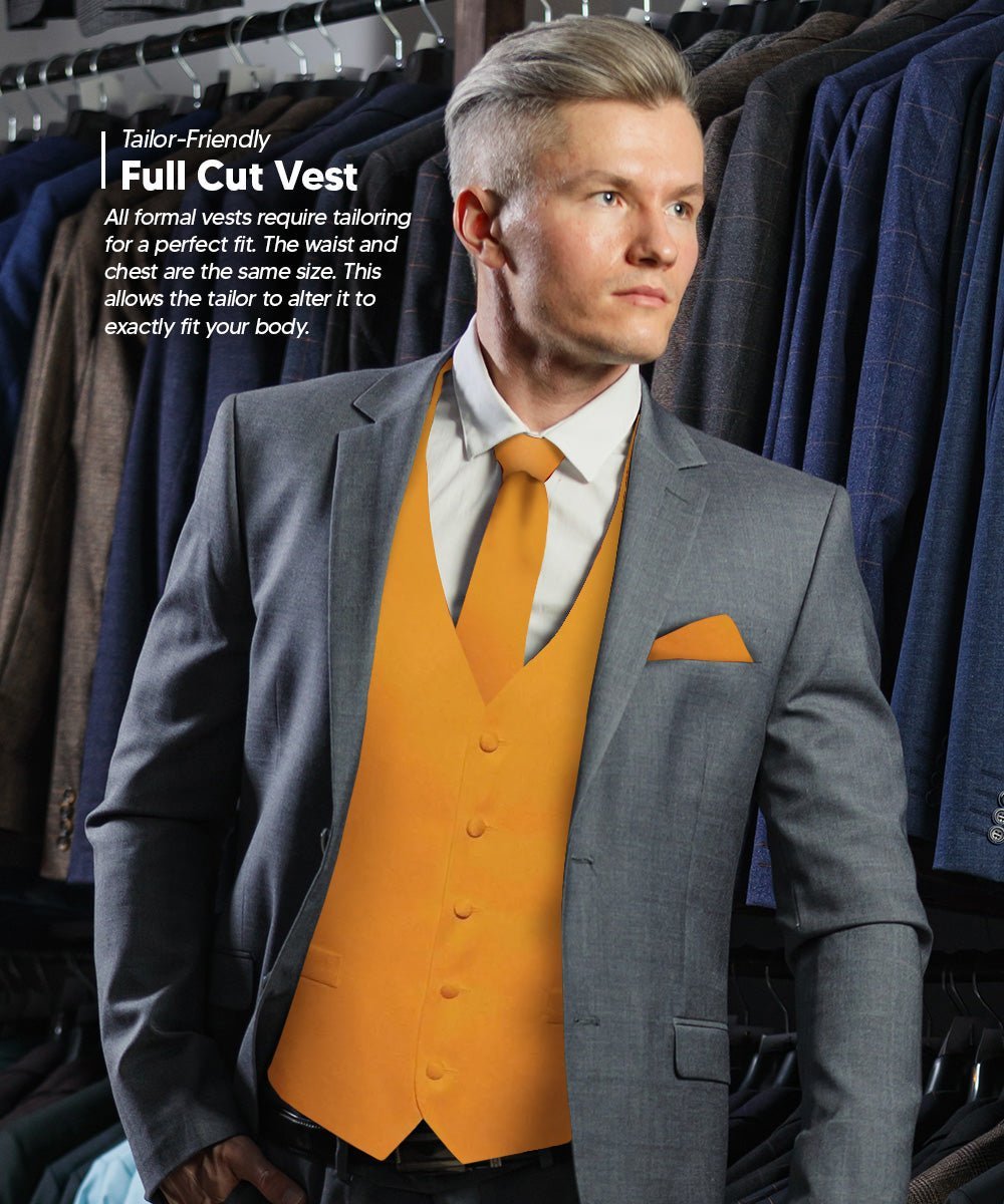 Vittorio Farina Men's Satin Vest, Necktie, Bow Tie and Pocket Square Set (White Back) - Mustard Yellow - Vest Set - Vittorio Farina