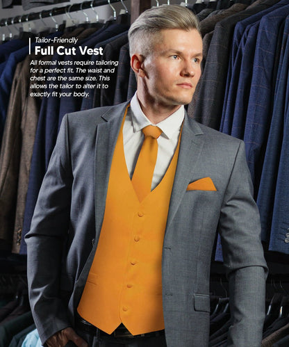 Vittorio Farina Men's Satin Vest, Necktie, Bow Tie and Pocket Square Set (White Back) - Mustard Yellow - Vest Set - Vittorio Farina