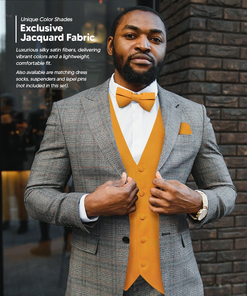 Vittorio Farina Men's Satin Vest, Necktie, Bow Tie and Pocket Square Set (White Back) - Mustard Yellow - Vest Set - Vittorio Farina