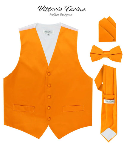 Vittorio Farina Men's Satin Vest, Necktie, Bow Tie and Pocket Square Set (White Back) - Orange - Vest Set - Vittorio Farina