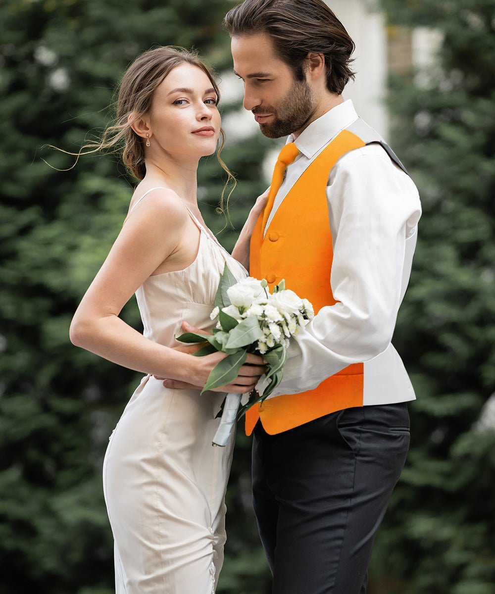 Vittorio Farina Men's Satin Vest, Necktie, Bow Tie and Pocket Square Set (White Back) - Orange - Vest Set - Vittorio Farina