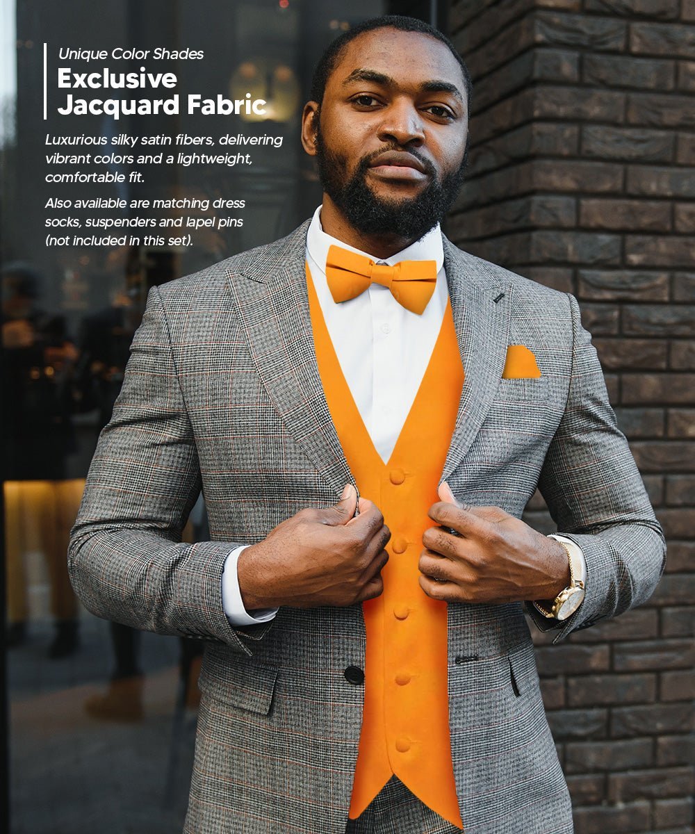 Vittorio Farina Men's Satin Vest, Necktie, Bow Tie and Pocket Square Set (White Back) - Orange - Vest Set - Vittorio Farina
