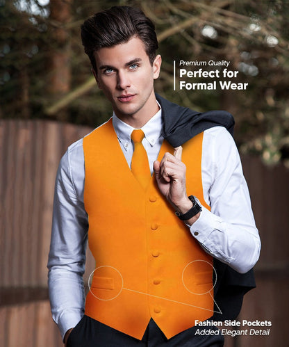 Vittorio Farina Men's Satin Vest, Necktie, Bow Tie and Pocket Square Set (White Back) - Orange - Vest Set - Vittorio Farina