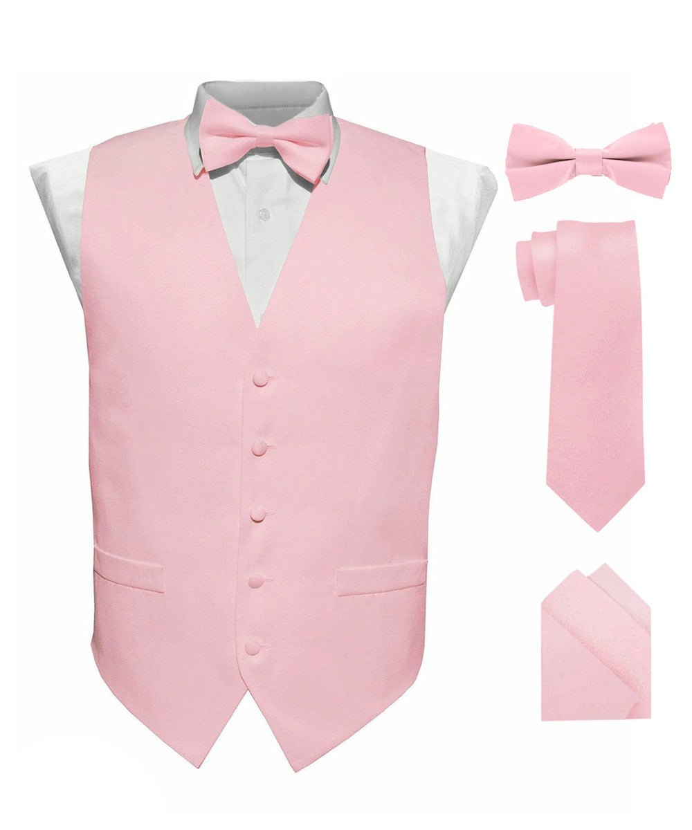 Vittorio Farina Men's Satin Vest, Necktie, Bow Tie and Pocket Square Set (White Back) - Pink - Vest Set - Vittorio Farina