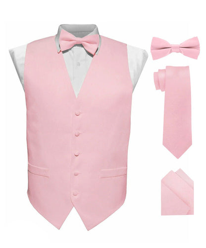 Vittorio Farina Men's Satin Vest, Necktie, Bow Tie and Pocket Square Set (White Back) - Pink - Vest Set - Vittorio Farina